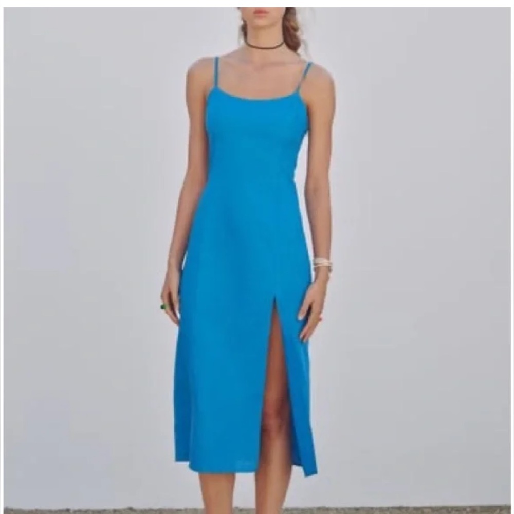Zara blue linen blend midi dress with slit